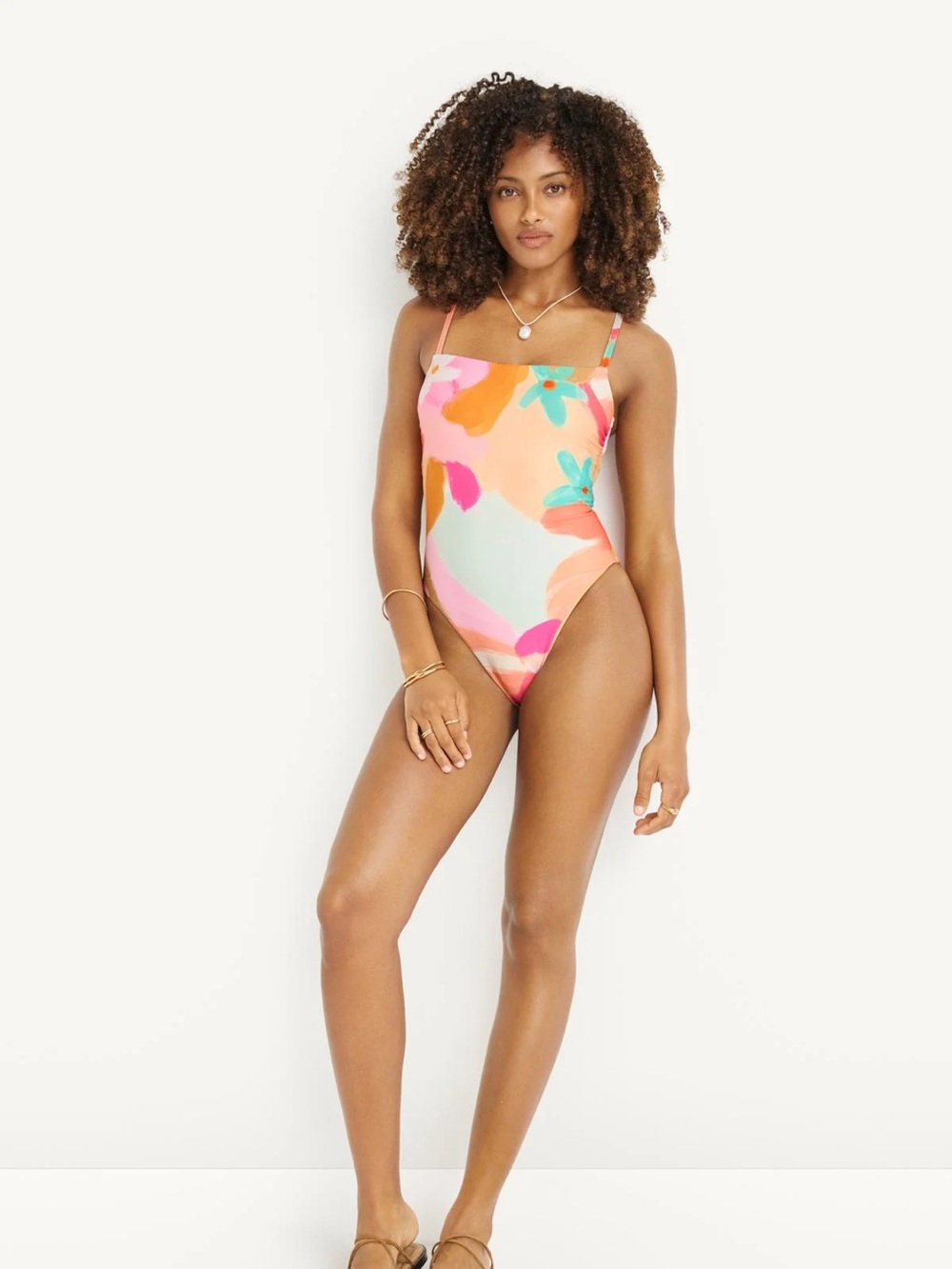 Vitamin A Abstract Floral High-Cut One-Piece Swimsuit - Pink, Orange, Aqua